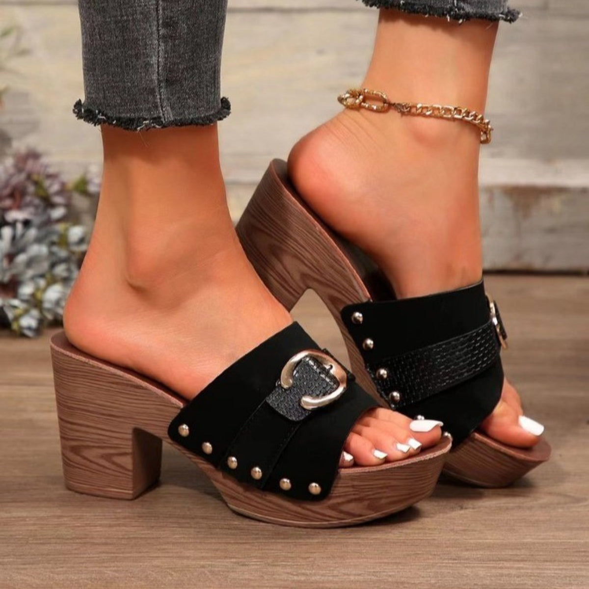 Buckle Trim Block Heel SandalsStep into style with these Buckle Trim Block Heel Sandals, featuring a chic buckle accent and sturdy block heels for all-day comfort. Perfect for casual outings, worBuckle Trim Block Heel SandalsShoesBuckle Trim Block Heel Sandals