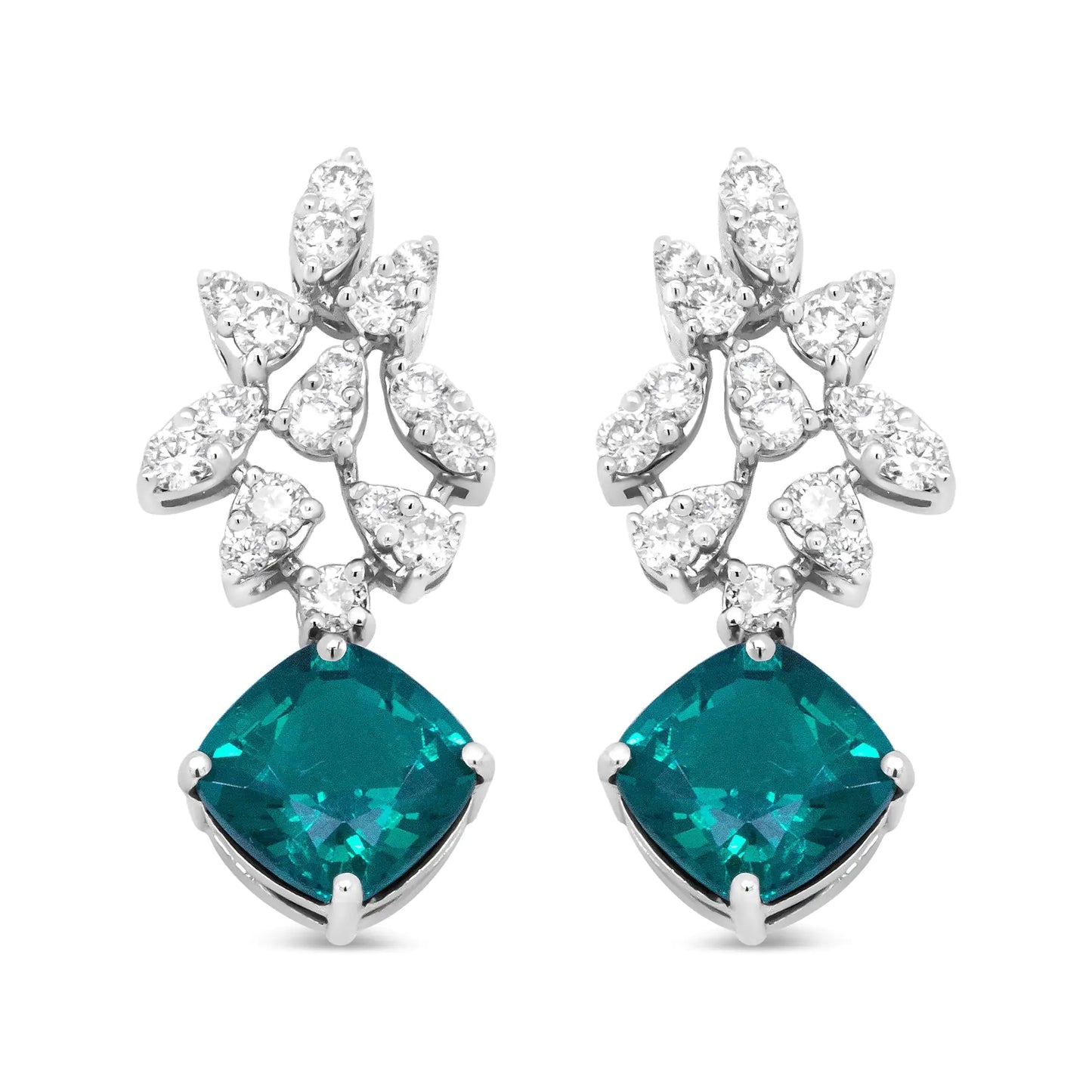 18K white gold diamond and emerald drop earrings with marquise silhouettes.