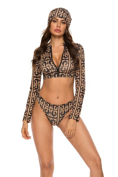 Printed Zip Up Three-Piece Swim SetFeatures: Basic style
Number of pieces: Three-piece
Chest pad: No padding
Underwire: No underwire
Stretch: Highly stretchy
Material composition: 90% polyester 10% sp-Piece Swim Set-Piece Swim Set