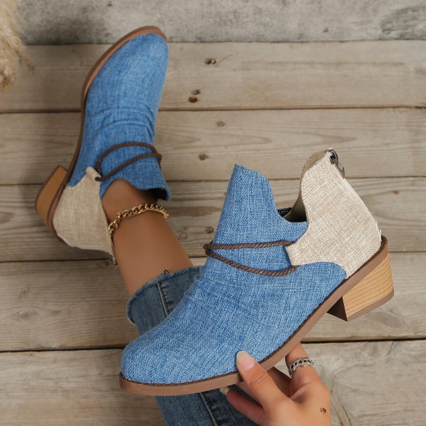 Contrast Canvas Low Heel BootsStep up your style game with these Contrast Canvas Low Heel Boots. Featuring a trendy mix of textures with durable canvas and sleek detailing, these boots offer a peContrast Canvas Low Heel BootsShoesContrast Canvas Low Heel Boots