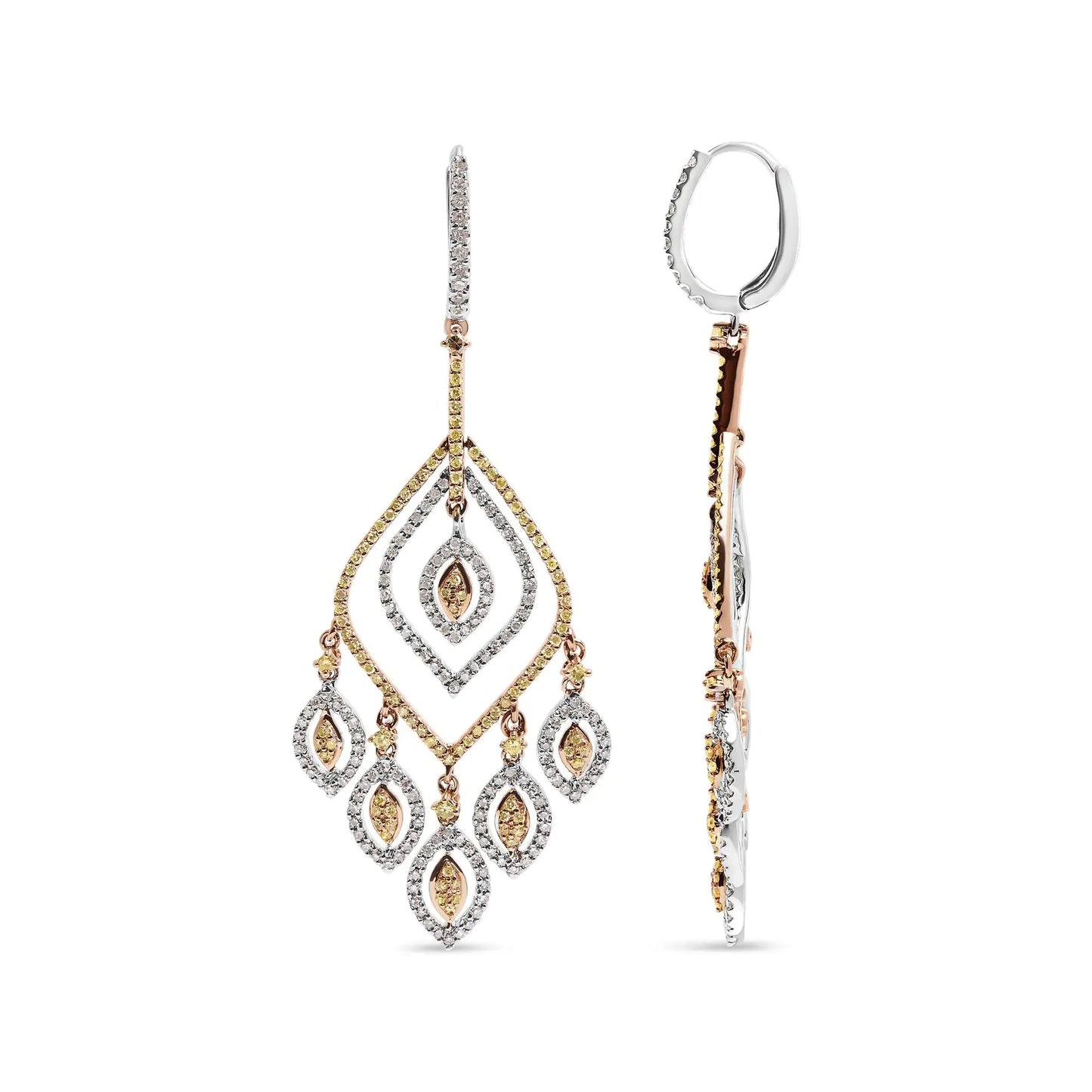 14K White and Rose Gold 2 1/2 Cttw Diamond Curved Rhombus Shape Drop aIntroducing a dazzling masterpiece that will leave you breathless! These exquisite 14K White and Rose Gold Diamond Earrings boast a remarkable 2 1/2 carat total weig14K White14K White