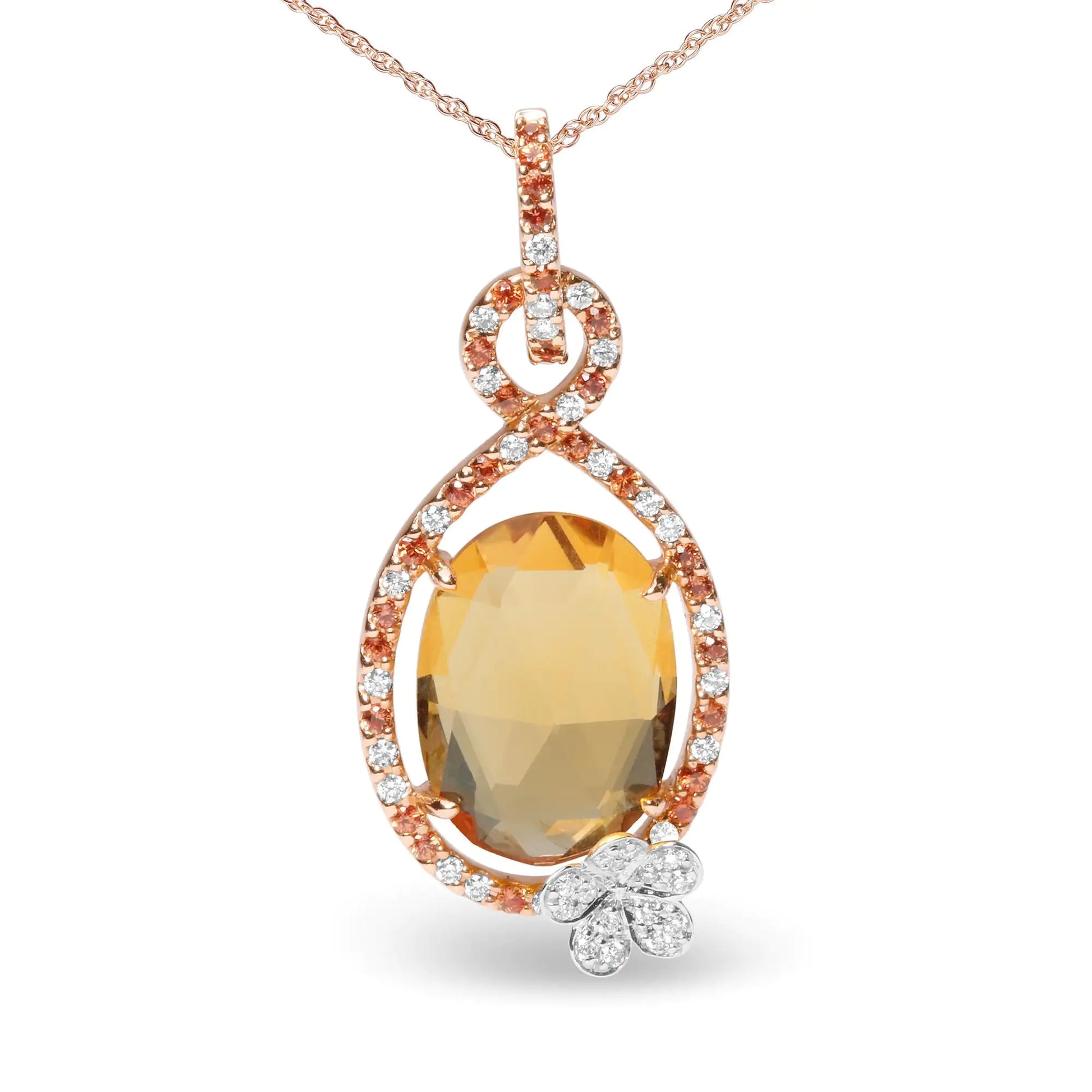 18K Rose Gold 1/5 Cttw Diamond and Oval Yellow Citrine and Round OrangIn a halo teardrop motif of genuine 18k rose gold, this pendant necklace makes an awe-inspiring impression comprised of natural gemstones and diamonds. At the center18K Rose Gold 15 Cttw Diamond18K Rose Gold 15 Cttw Diamond