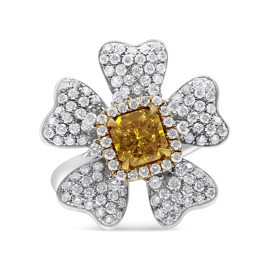 18K White and Yellow Gold 2.25 Cttw Yellow Radiant Lab Grown Center DiElegantly designed in a 5-leaf clover motif, this breathtaking fashion engagement ring showcases a striking lab-grown, radiant-cut diamond in a unique yellow gold. T25 Cttw Yellow Radiant Lab Grown Center Diamond Flower25 Cttw Yellow Radiant Lab Grown Center Diamond Flower