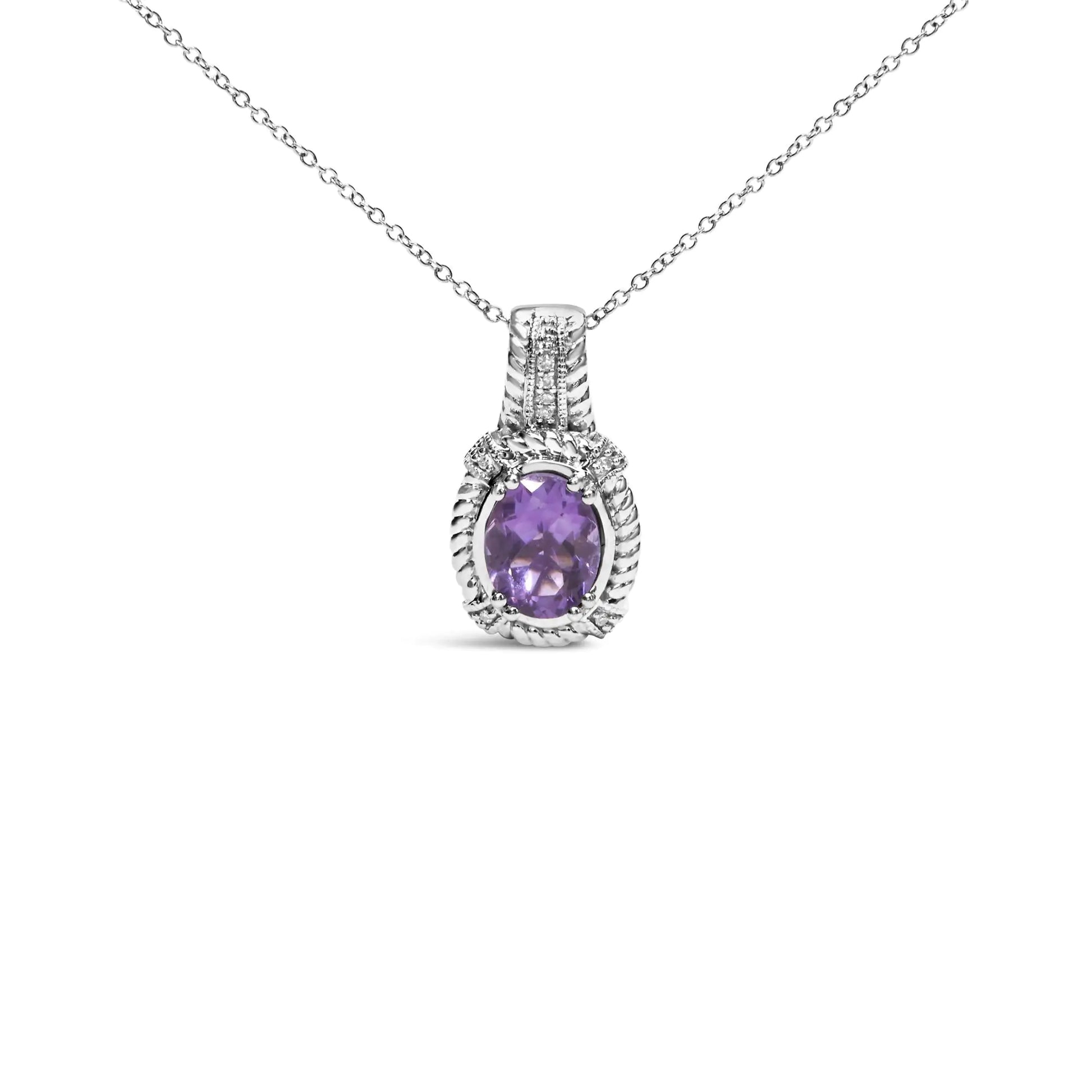 Sterling Silver Purple Amethyst Drop Pendant Necklace with Diamond Accents on chain.