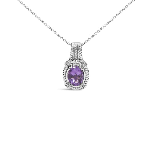 Sterling Silver Purple Amethyst Drop Pendant Necklace with Diamond Accents on chain.