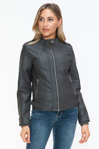 Snobbish PU Leather Biker Jacket with Side Zip PocketsA PU leather biker jacket with side zip pockets is a stylish and edgy piece that combines classic biker aesthetics with modern design elements. This jacket is typicaSnobbish PU Leather Biker JacketSnobbish PU Leather Biker Jacket