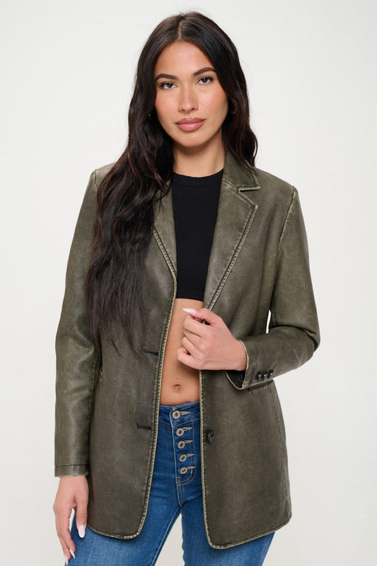 Coalition LA Single-Breasted Vegan Leather BlazerThis single-breasted vegan leather blazer offers a sleek and stylish look. Made from cruelty-free materials, it's a chic and ethical choice. Perfect for adding a touCoalition LA Single-Breasted Vegan Leather BlazerCoalition LA Single-Breasted Vegan Leather Blazer