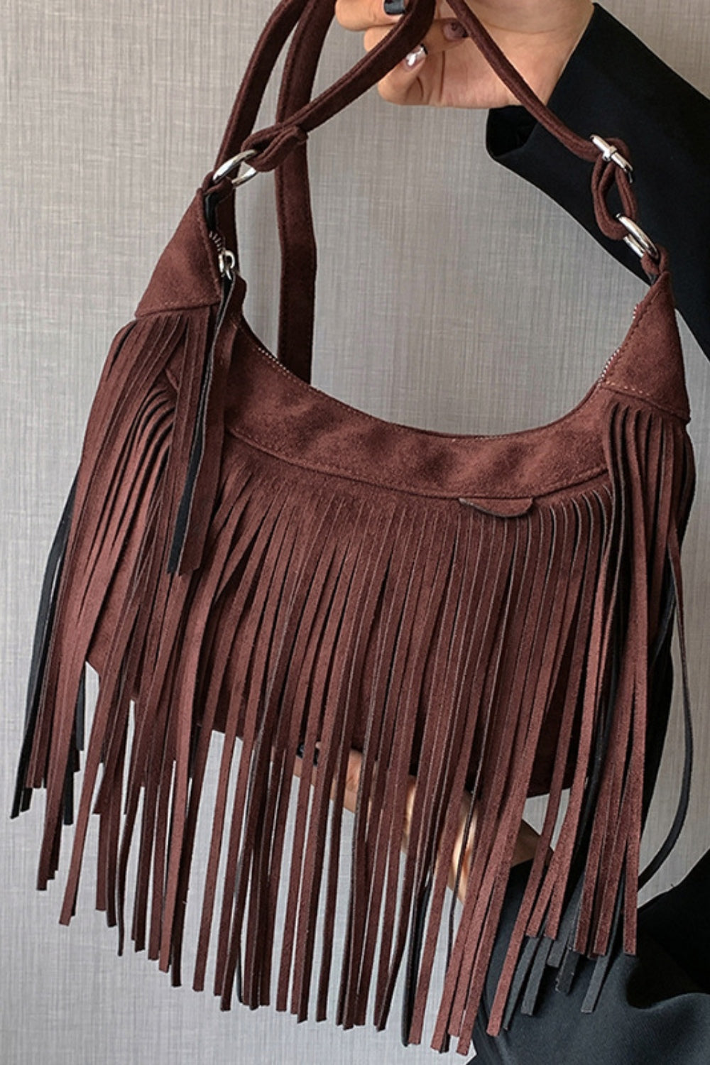 Suede Fringe Adjustable Strap Shoulder BagBag size: Small
Material: Suede
Imported
Product measurements:
Length 9.8 in, Width 3.1 in, Height 7.1 in, Weight 15.9 ozbag strapbag strap