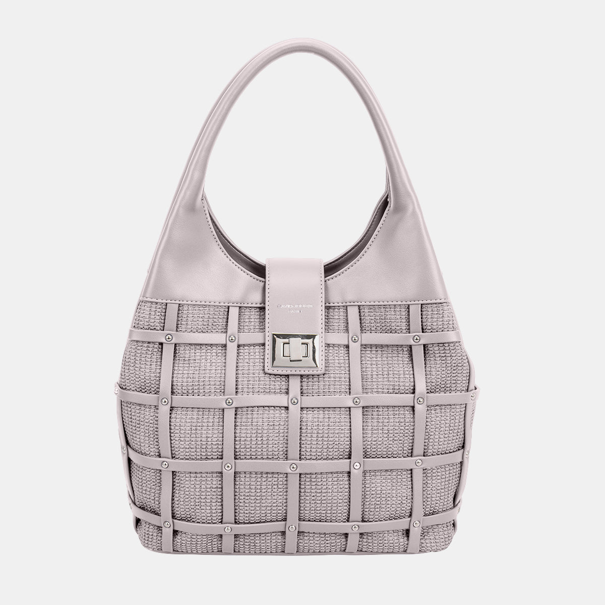 David Jones Rivet Decor HandbagThe Rivet Decor Handbag is a stylish and eye-catching accessory that adds a touch of edgy flair to your look. Featuring chic rivet decorations, this handbag exudes aDavid Jones Rivet Decor HandbagDavid Jones Rivet Decor Handbag