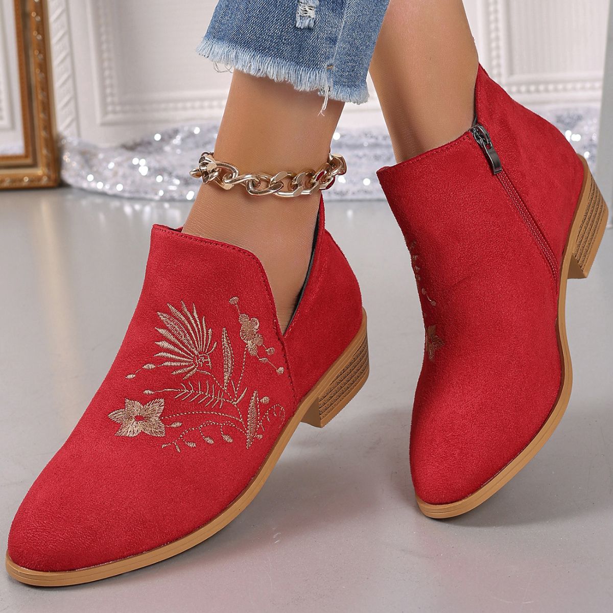 Embroidered Suede Point Toe Block Heel BootsIncludes: Box not included
Heel height: Low heels
Material: Elastomer, Suede
Imported
Product Measurements (Measurements by inches) &amp; Size Conversion

Size
Foot Embroidered Suede Point Toe Block Heel BootsEmbroidered Suede Point Toe Block Heel Boots