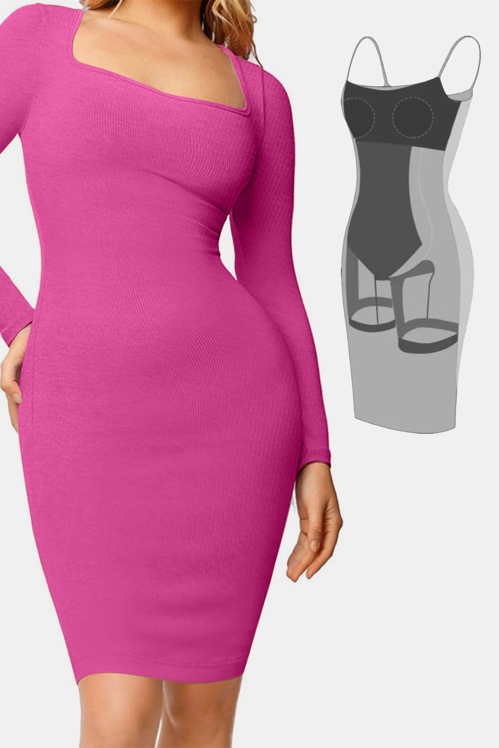 Basic Bae Full Size Built-In Shapewear Square Neck Long Sleeve DressFeatures: Basic style
Sheer: Opaque
Stretch: Highly stretchy
Body: Lined
Material composition: EXTERIOR : 92% modal, 8% spandex LINNING : 62% polyamide, 38% elastaneShapewear Square Neck Long Sleeve DressShapewear Square Neck Long Sleeve Dress