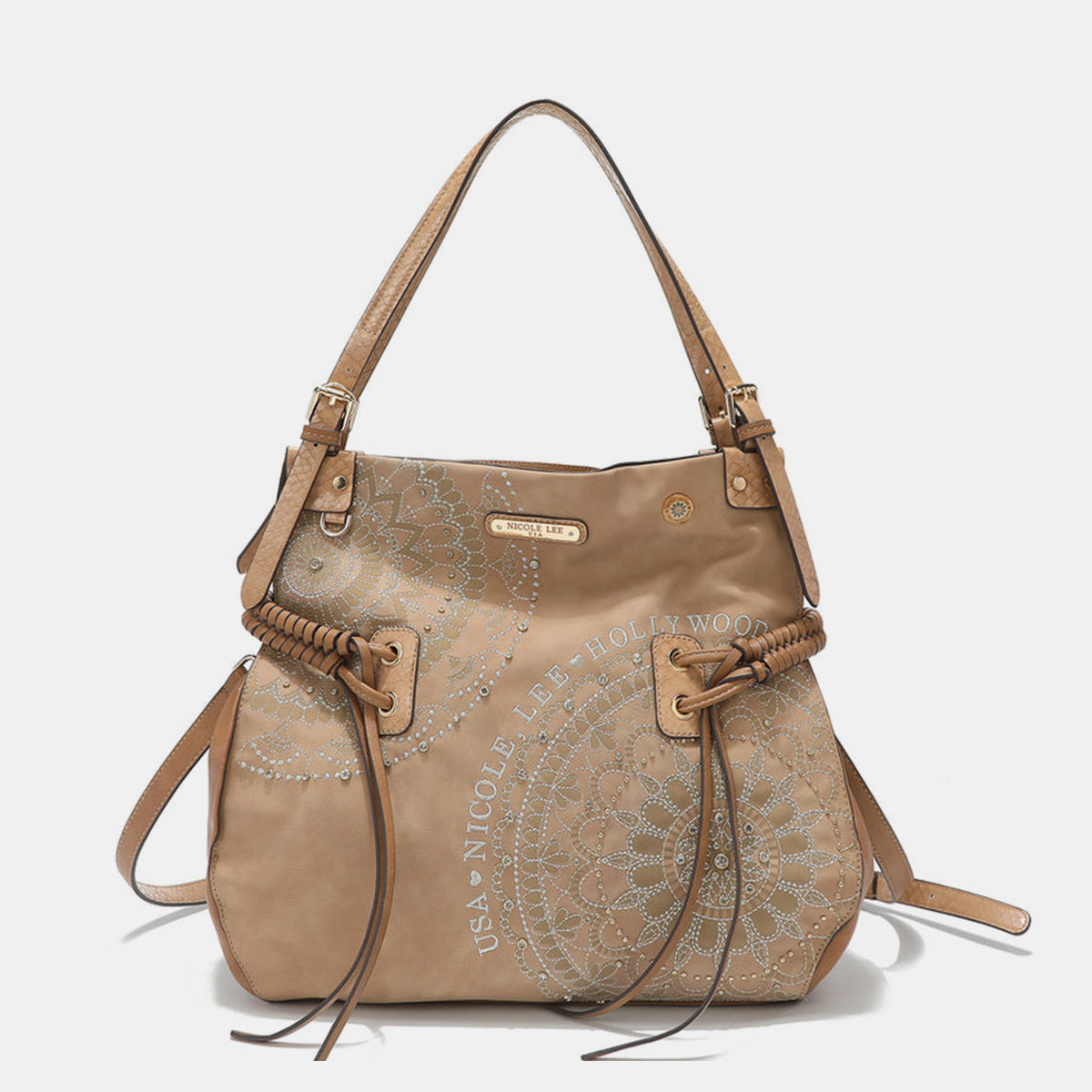 Nicole Lee USA Side Braided Tassel Inlaid Rhinestone Embroidery Hobo BEqually casual and chic, our hobo bag is an effortless fashion statement with its laid-back silhouette and expertly embroidered design.
Bag size: Medium
Material: VeNicole Lee USA Side Braided TasselNicole Lee USA Side Braided Tassel