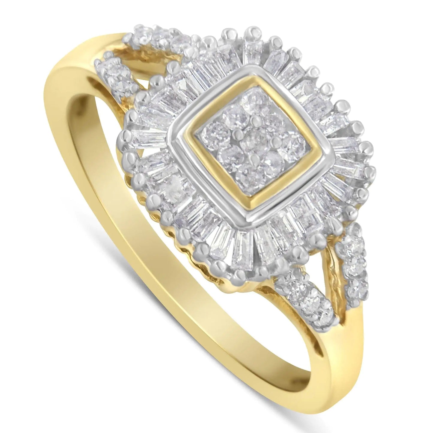 10K Yellow Gold Round and Baguette Cut Diamond Ballerina Ring (1/2 cttA stunning 10k yellow gold 1/2ct Ballerina diamond ring. Nine dazzling round diamonds are framed by baguette cut diamonds in a channel setting. Two ribbons split apa10K Yellow Gold Round10K Yellow Gold Round