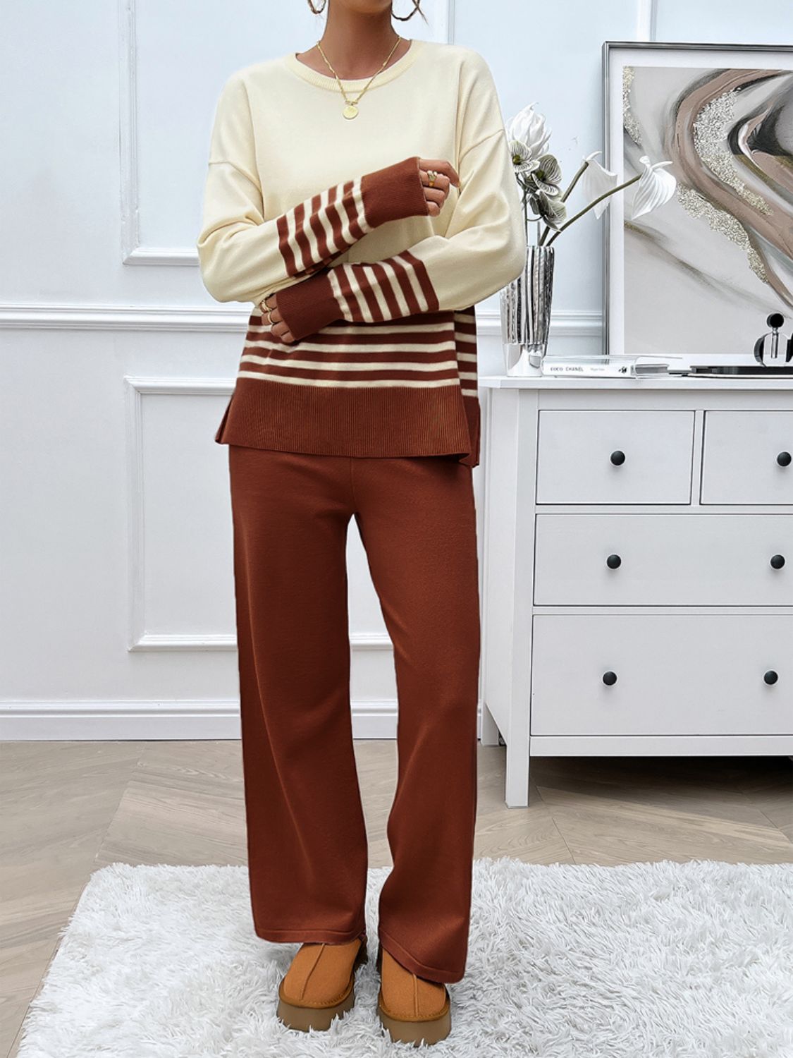 Devine Slit Striped Round Neck Top and Pants Sweater SetFeatures: Slit
Number of pieces: Two-piece
Stretch: Slightly stretchy
Material composition: 74% acrylic, 22% polyester, 4% elastane
Care instructions: Machine wash cDevine Slit Striped Round Neck TopDevine Slit Striped Round Neck Top