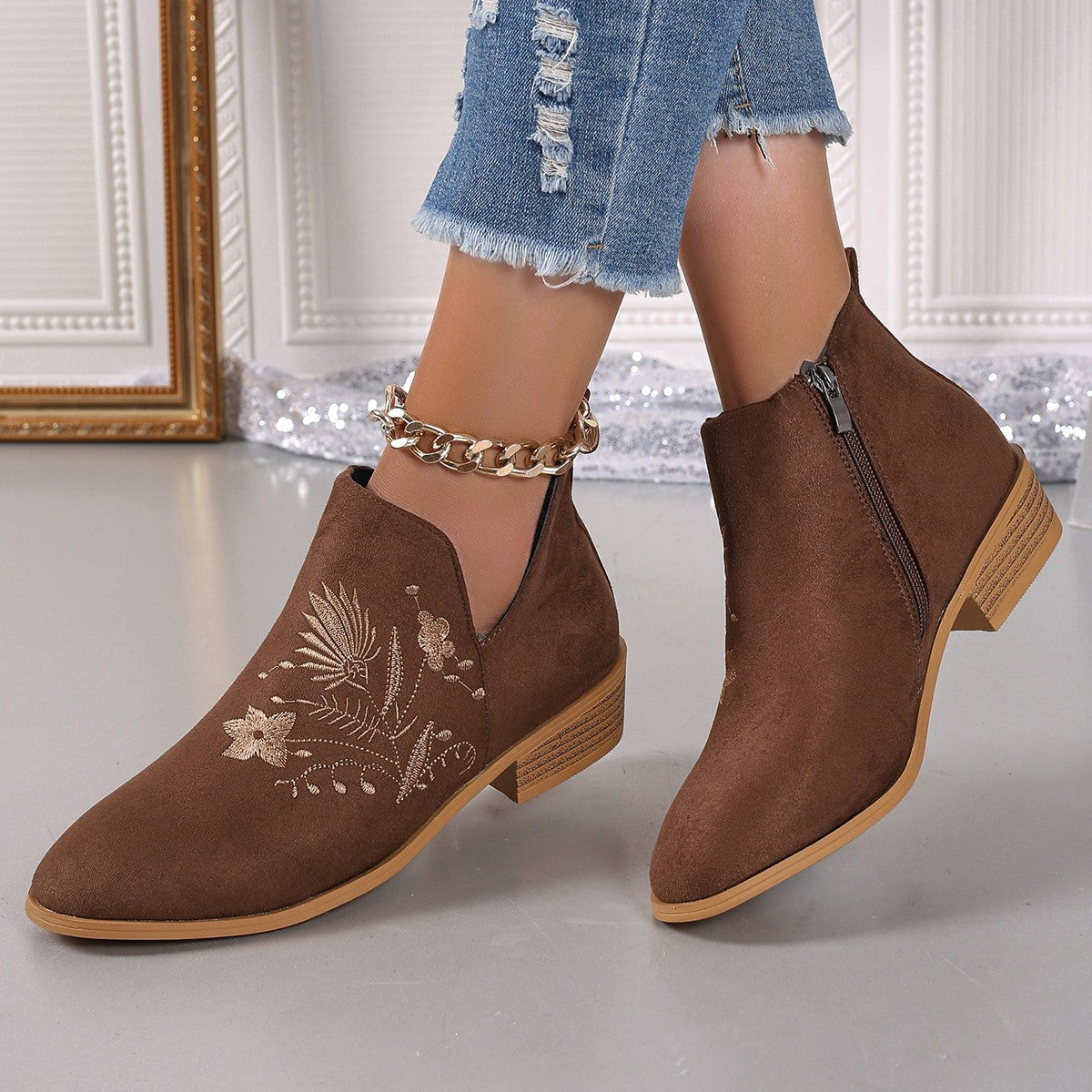 Embroidered Suede Point Toe Block Heel BootsIncludes: Box not included
Heel height: Low heels
Material: Elastomer, Suede
Imported
Product Measurements (Measurements by inches) &amp; Size Conversion

Size
Foot Embroidered Suede Point Toe Block Heel BootsEmbroidered Suede Point Toe Block Heel Boots