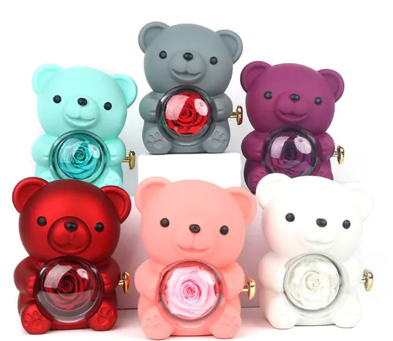 Rotating Bear Gift Box Rose Jewelry Box – Unique Jewelry Organizer with Rotating Display