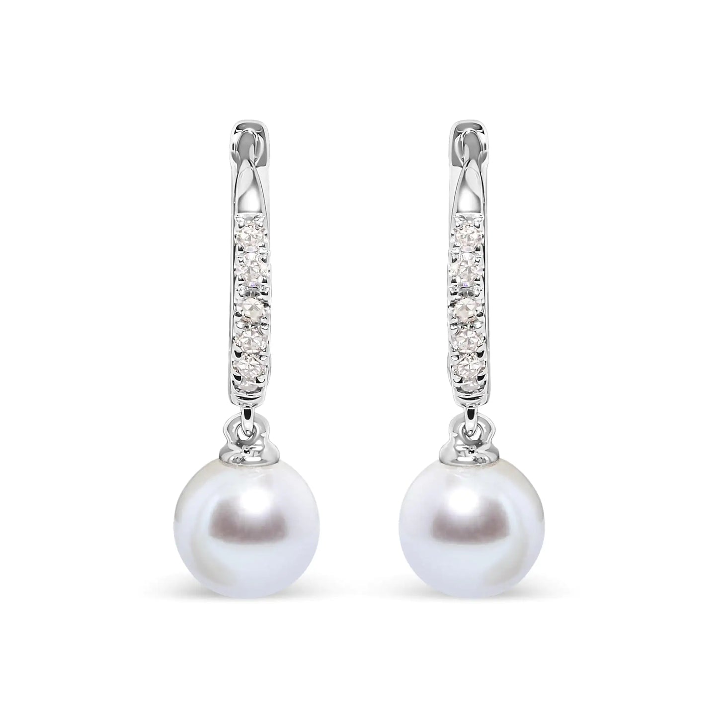 10K white gold drop earrings featuring 6x6 MM cultured freshwater pearls and diamond accents.