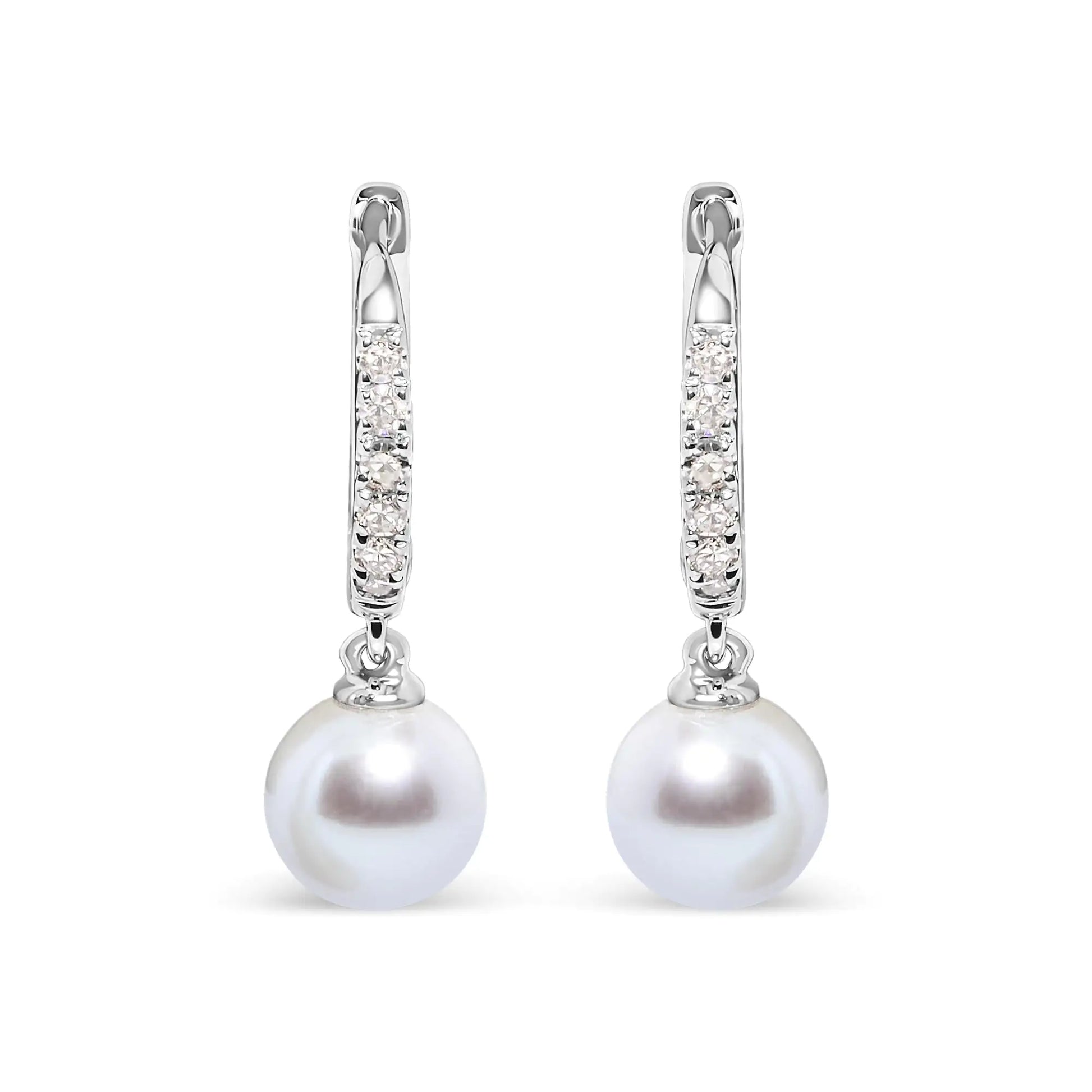 10K white gold drop earrings featuring 6x6 MM cultured freshwater pearls and diamond accents.