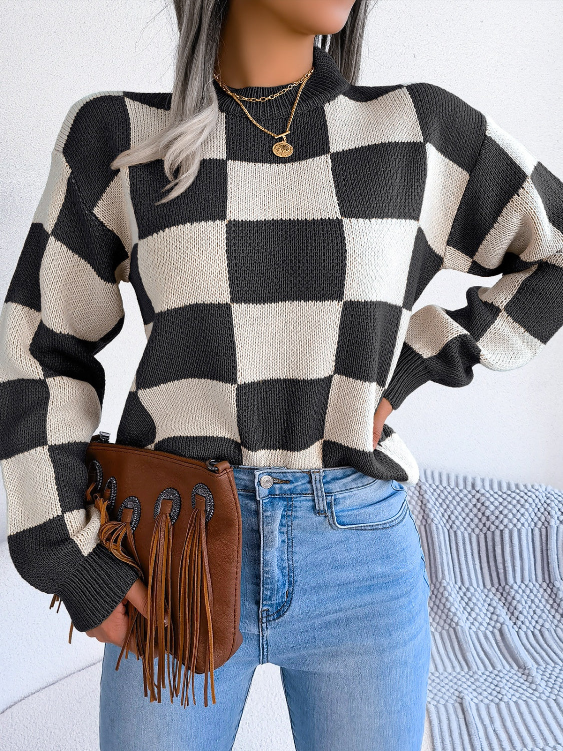 Checkered Mock Neck Long Sleeve SweaterFeatures: Basic style
Stretch: No stretch
Material composition: 100% acrylic
Care instructions: Machine wash cold. Tumble dry low.
Imported
Product Measurements (MeaCheckered Mock Neck Long Sleeve SweaterCheckered Mock Neck Long Sleeve Sweater