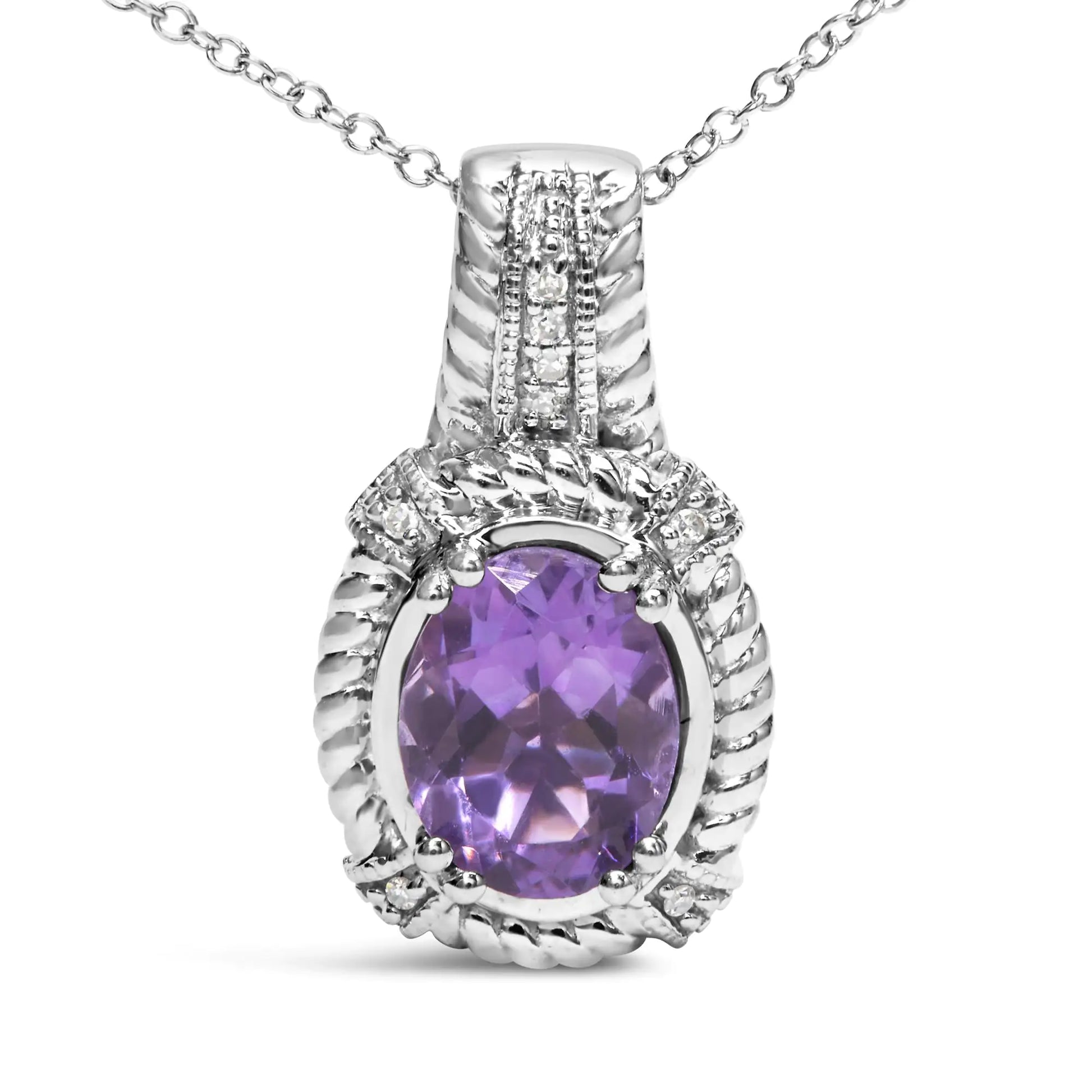 Sterling Silver Purple Amethyst Drop Pendant Necklace with Diamond Accents – Elegant and Timeless