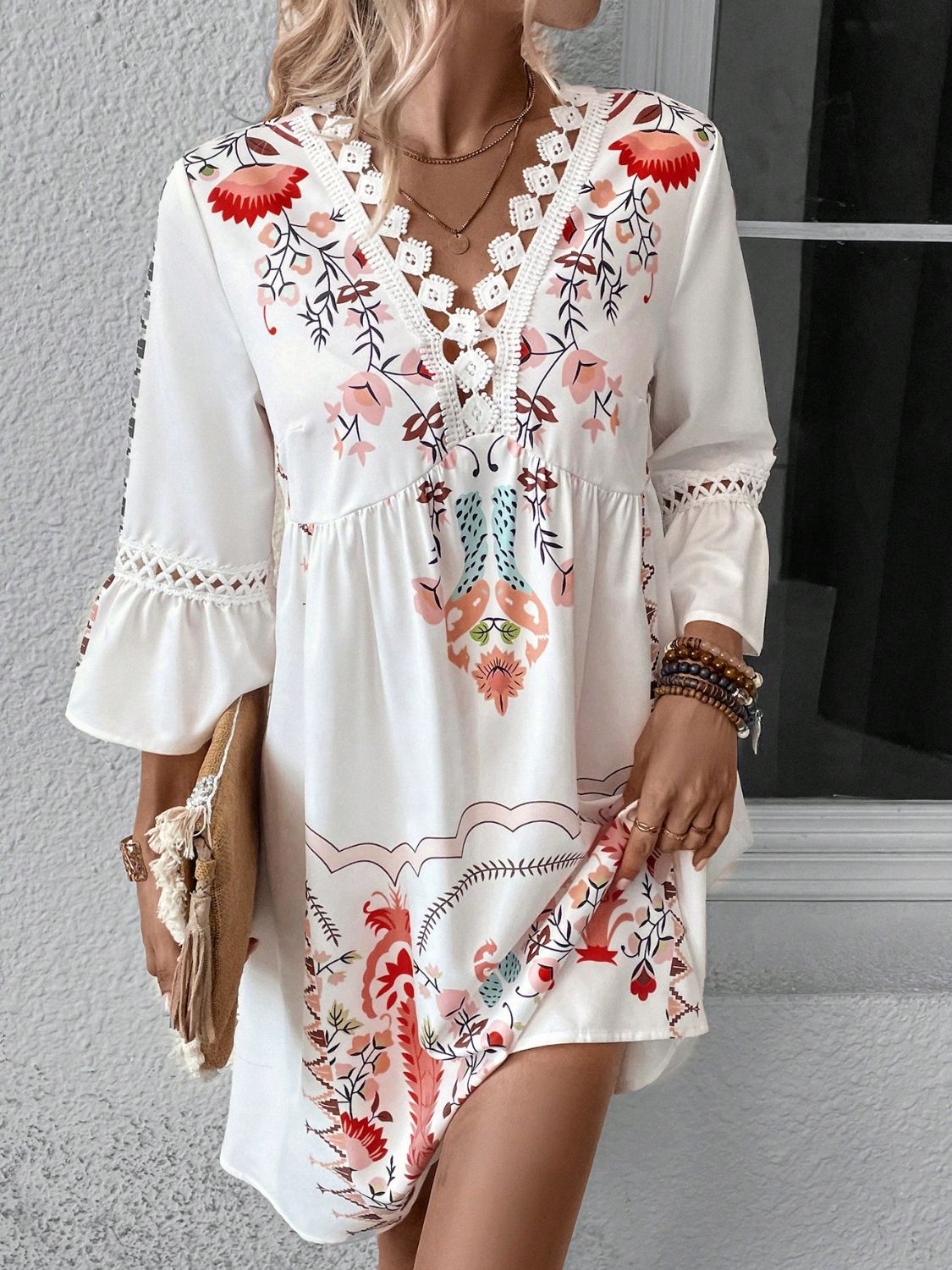 Lace Detail Printed Three-Quarter Sleeve DressFeatures: Lace Detail
Sheer: Semi-sheer
Stretch: No stretch
Body: Not lined
Material composition: 100% polyester
Care instructions: Machine wash cold. Tumble dry lowLace Detail PrintedDressesLace Detail Printed