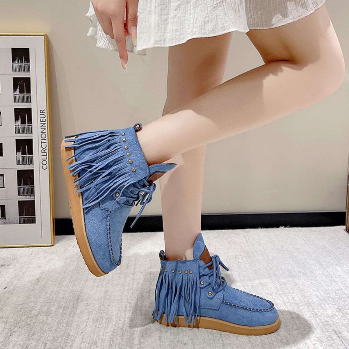 Fringe Studded Round Toe Canvas BootsIncludes: Box not included
Heel height: Flats
Material: Canvas, Rubber
Imported
Product Measurements (Measurements by inches) &amp; Size Conversion

Size
Foot lengthFringe Studded Round Toe Canvas BootsFringe Studded Round Toe Canvas Boots