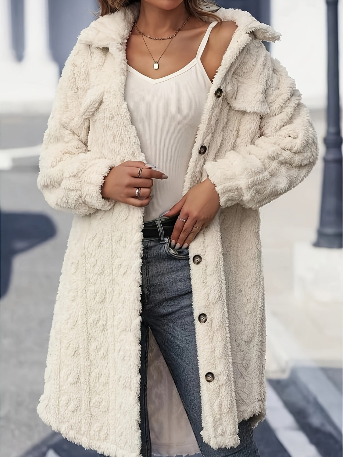 Fuzzy Button Up Long Sleeve Longline CoatFeatures: Basic style
Thickness: Normal
Body: Not lined
Material composition: 100% polyester
Care instructions: Machine wash cold. Tumble dry low.
Imported
Product MLong Sleeve Longline CoatLong Sleeve Longline Coat