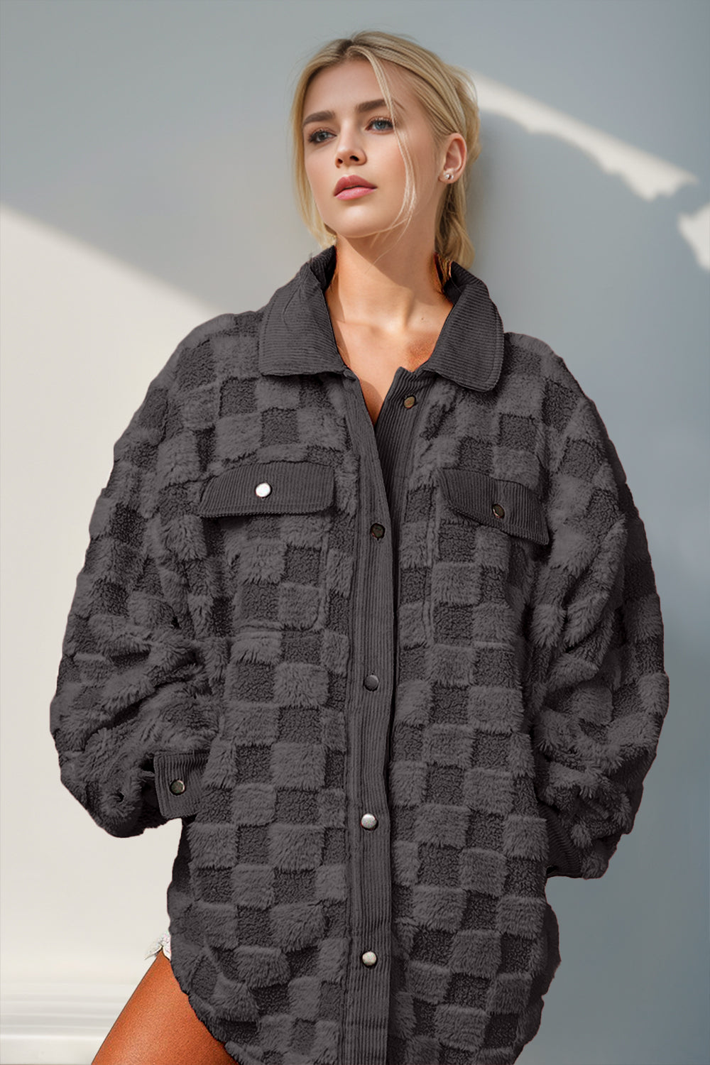 Double Take Button Up Fuzzy Checkered ShacketFeatures: Pocketed, Buttoned
Thickness: Normal
Body: Not lined
Material composition: 100% polyester
Care instructions: Machine wash cold. Tumble dry low.
Imported
PrFuzzy Checkered ShacketFuzzy Checkered Shacket