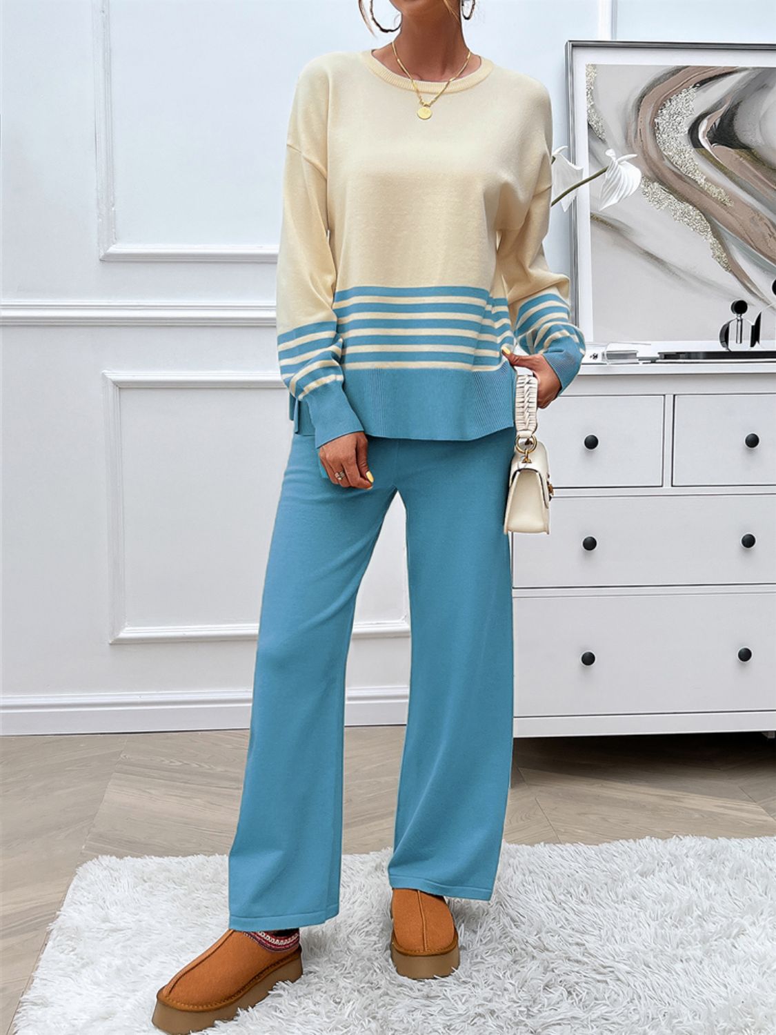 Devine Slit Striped Round Neck Top and Pants Sweater SetFeatures: Slit
Number of pieces: Two-piece
Stretch: Slightly stretchy
Material composition: 74% acrylic, 22% polyester, 4% elastane
Care instructions: Machine wash cDevine Slit Striped Round Neck TopDevine Slit Striped Round Neck Top