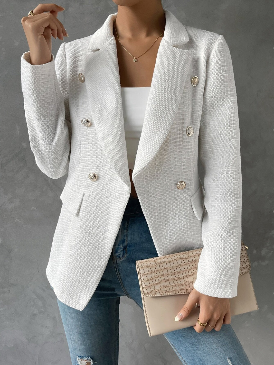 Lapel Collar Long Sleeve Blazer with PocketsFeatures: Basic style
Thickness: Normal
Body: Not lined
Material composition: 100% polyester
Care instructions: Machine wash cold. Tumble dry low.
Imported
Product MLapel Collar Long Sleeve BlazerLapel Collar Long Sleeve Blazer