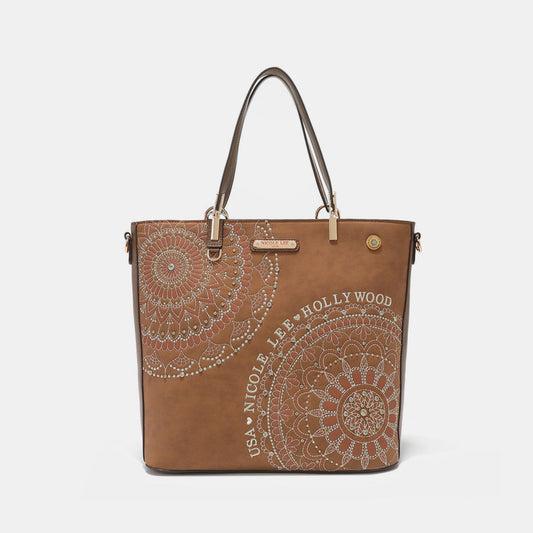 Nicole Lee USA Metallic Stitching Embroidery Inlaid Rhinestone Tote BaThe classic shopper elevated with high-shine embroidery and sleek hardware, our Josefina shopper opens up to 3 spacious compartments to keep your essentials organizeNicole Lee USA Metallic Stitching EmbroideryNicole Lee USA Metallic Stitching Embroidery