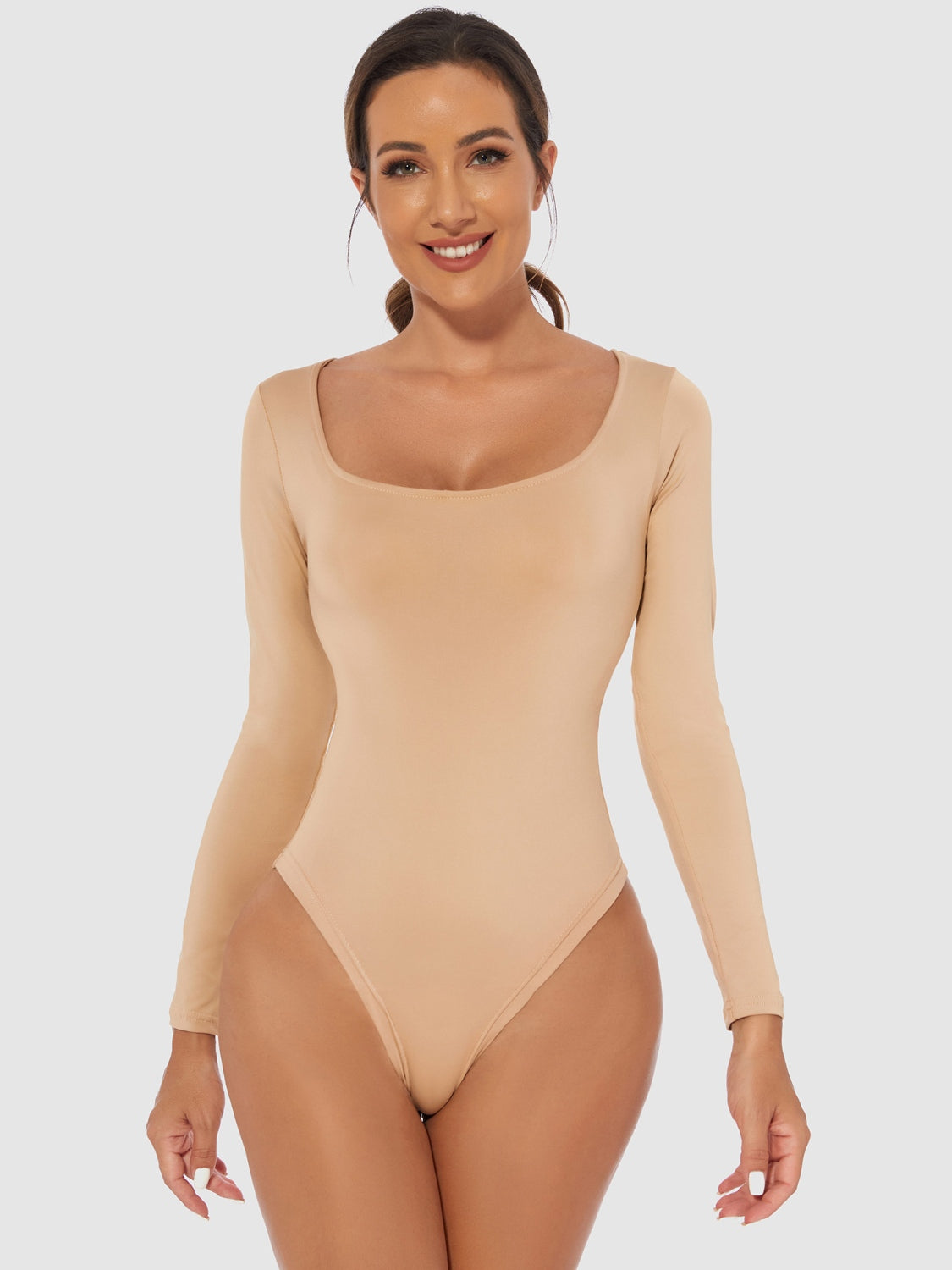 Full Size Scoop Neck Long Sleeve BodysuitFeatures: Basic style
Sheer: Opaque
Stretch: Slightly stretchy
Material composition: 65% polyester, 35% elastane
Care instructions: Machine wash cold. Tumble dry lowFull Size Scoop Neck Long Sleeve BodysuitFull Size Scoop Neck Long Sleeve Bodysuit