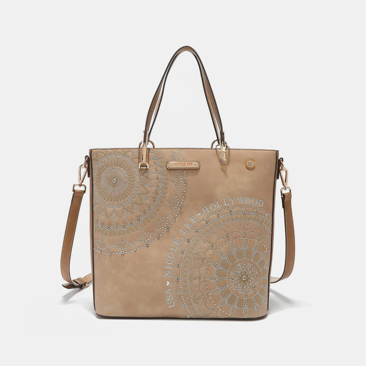 Nicole Lee USA Metallic Stitching Embroidery Inlaid Rhinestone Tote BaThe classic shopper elevated with high-shine embroidery and sleek hardware, our Josefina shopper opens up to 3 spacious compartments to keep your essentials organizeNicole Lee USA Metallic Stitching EmbroideryNicole Lee USA Metallic Stitching Embroidery