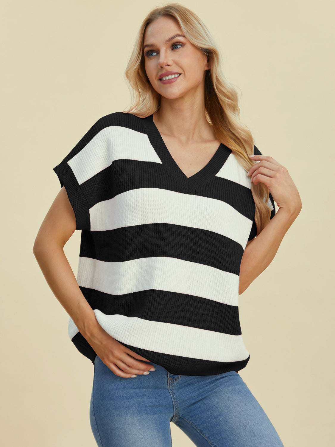 Double Take Full Size Striped V-Neck Short Sleeve SweaterFeatures: Basic style
Stretch: Moderate stretch
Material composition: 50% viscose, 29% polyester, 21% polyamide
Care instructions: Machine wash cold. Tumble dry low.-Neck Short Sleeve Sweater-Neck Short Sleeve Sweater