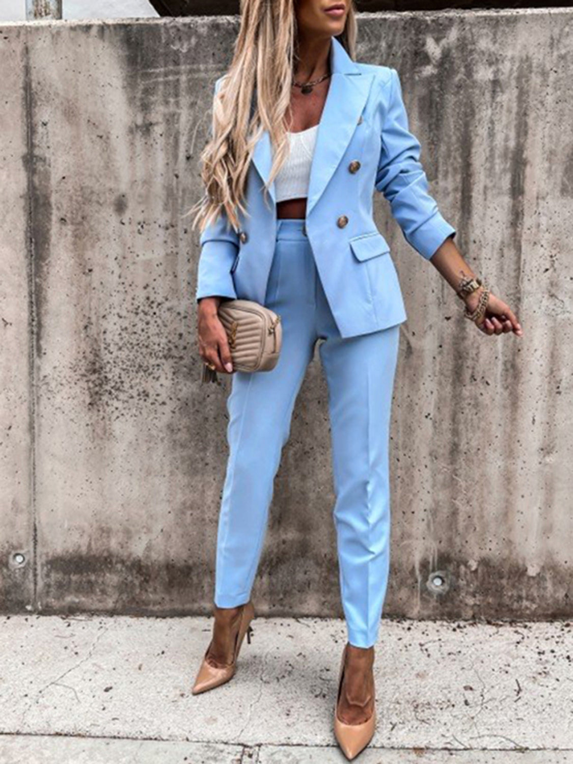 Lapel Collar Long Sleeve Blazer and Pants SetFeatures: Basic style
Number of pieces: Two-piece
Stretch: Slightly stretchy
Material composition: 95% polyester, 5% spandex
Care instructions: Machine wash cold. TuLapel Collar Long Sleeve BlazerLapel Collar Long Sleeve Blazer