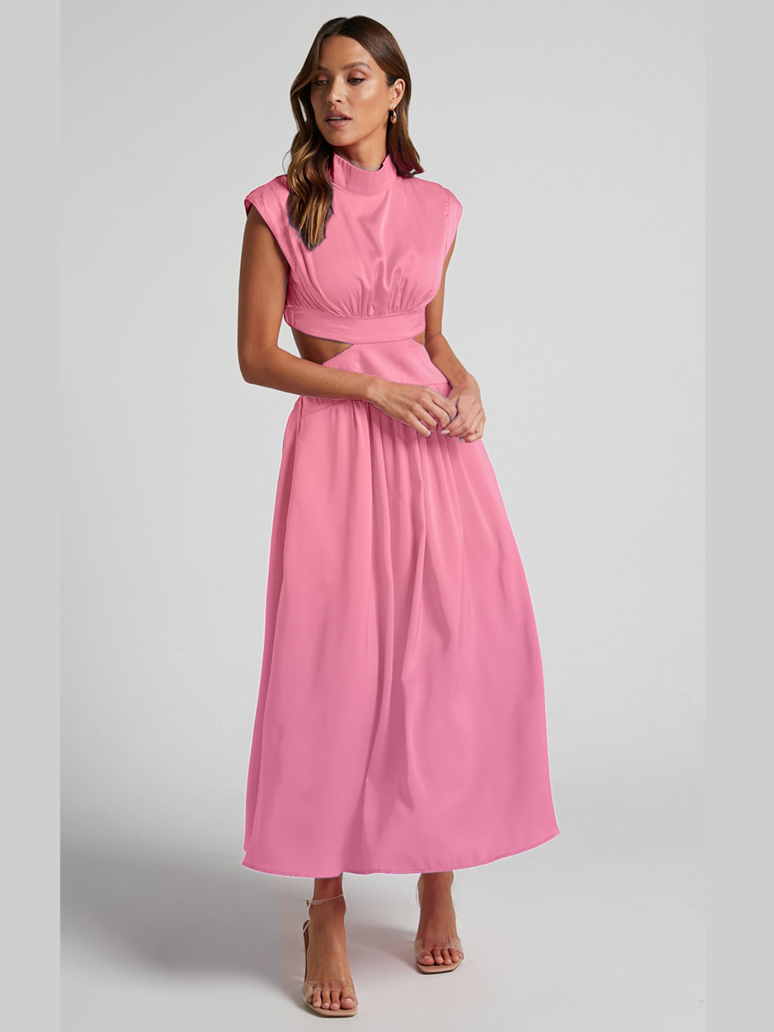 Cutout Mock Neck Sleeveless Ruched DressFeatures: Cutout
Sheer: Opaque
Stretch: Slightly stretchy
Body: Not lined
Material composition: 95% polyester, 5% spandex
Care instructions: Machine wash cold. TumblCutout Mock Neck Sleeveless Ruched DressCutout Mock Neck Sleeveless Ruched Dress