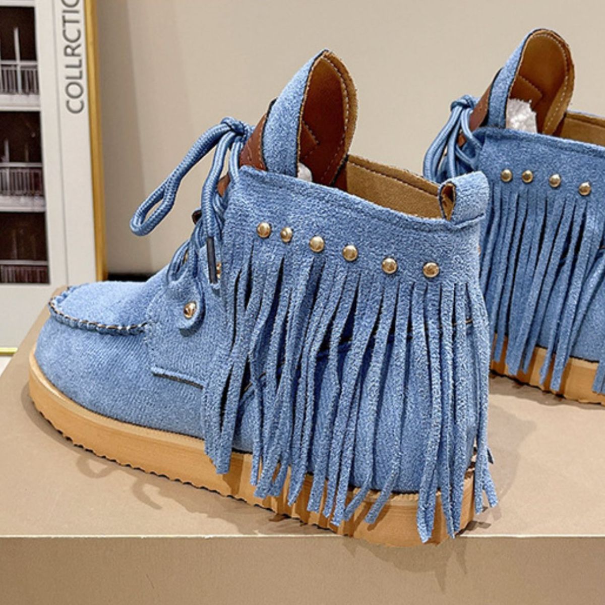 Fringe Studded Round Toe Canvas BootsIncludes: Box not included
Heel height: Flats
Material: Canvas, Rubber
Imported
Product Measurements (Measurements by inches) &amp; Size Conversion

Size
Foot lengthFringe Studded Round Toe Canvas BootsFringe Studded Round Toe Canvas Boots