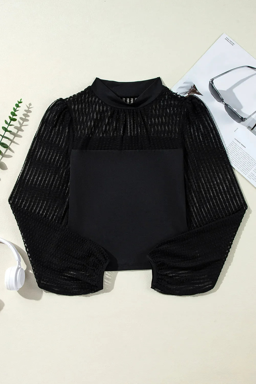 Mock Neck Long Sleeve BlouseFeatures: Basic style
Sheer: Semi-sheer
Stretch: Slightly stretchy
Material composition: 95% polyester, 5% elastane
Care instructions: Machine wash cold. Tumble dry Mock Neck Long Sleeve BlouseMock Neck Long Sleeve Blouse