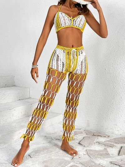 Cutout Halter Neck Top and Pants Two-Piece Swim SetFeatures: Cutout
Number of pieces: Two-piece
Chest pad: No padding
Underwire: No underwire
Stretch: Stretchy
Material composition: 100% acrylic
Care instructions: MaCutout Halter Neck TopCutout Halter Neck Top