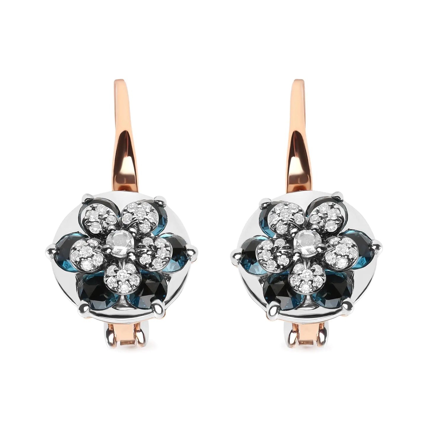 18K Rose and White Gold 1/3 Cttw Round Diamonds and Round London Blue The decadent color of these 18k white and rose gold drop hoop earrings is mesmerizing! Natural 2.6mm round heat-treated London blue topaz gemstones radiate their war18K Rose18K Rose