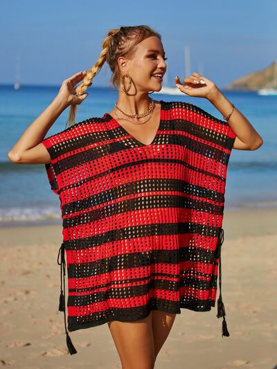 Angel Wings Tassel Openwork Striped V-Neck Cover UpFeatures: Openwork, Slit
Sheer: Semi-sheer
Stretch: Moderate stretch
Material composition: 100% polyester
Care instructions: Machine wash cold. Tumble dry low.
ImporAngel Wings Tassel Openwork StripedAngel Wings Tassel Openwork Striped