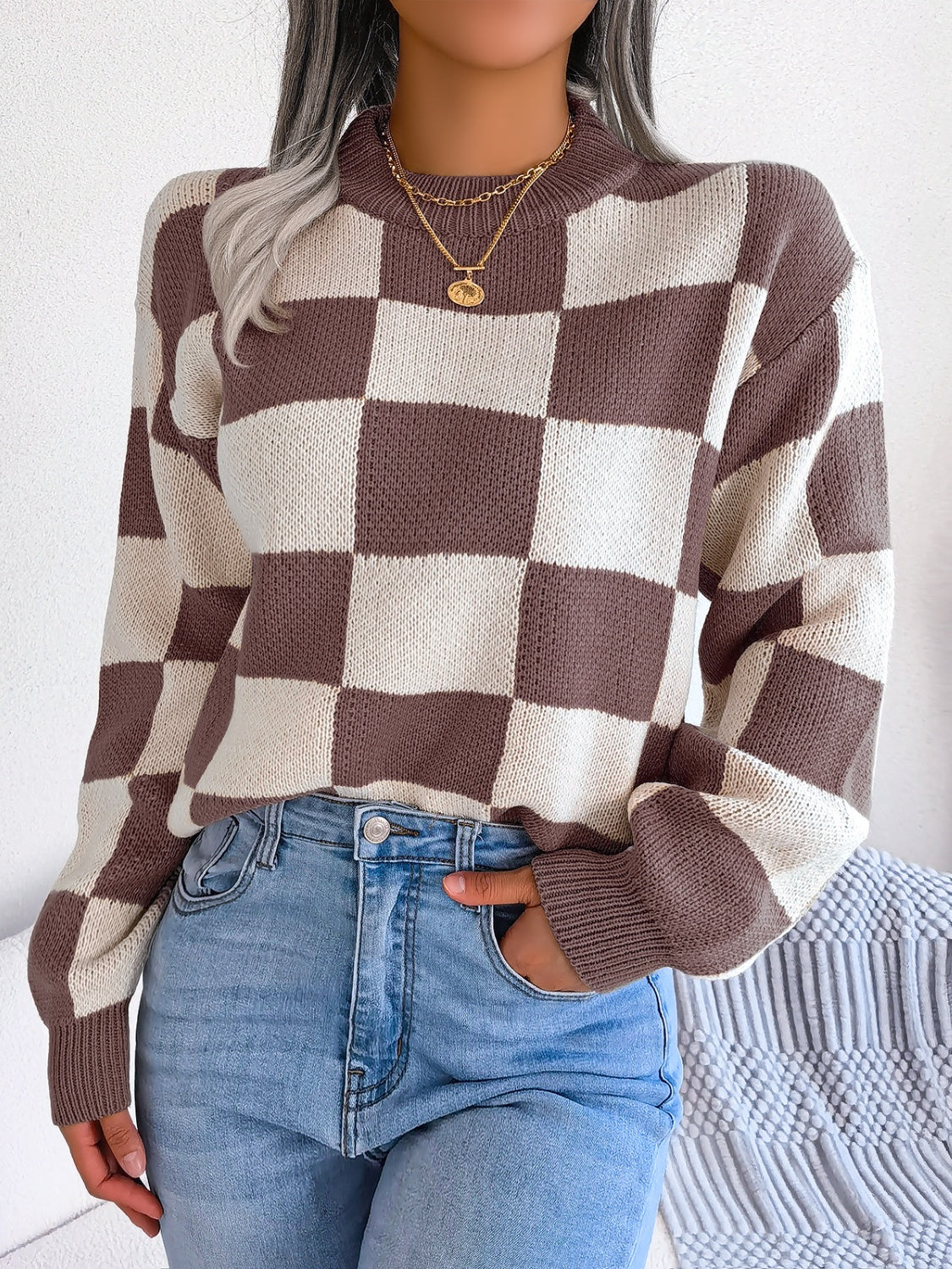 Checkered Mock Neck Long Sleeve SweaterFeatures: Basic style
Stretch: No stretch
Material composition: 100% acrylic
Care instructions: Machine wash cold. Tumble dry low.
Imported
Product Measurements (MeaCheckered Mock Neck Long Sleeve SweaterCheckered Mock Neck Long Sleeve Sweater