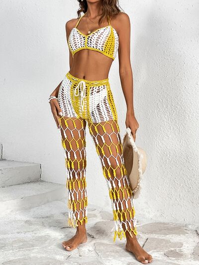 Cutout Halter Neck Top and Pants Two-Piece Swim SetFeatures: Cutout
Number of pieces: Two-piece
Chest pad: No padding
Underwire: No underwire
Stretch: Stretchy
Material composition: 100% acrylic
Care instructions: MaCutout Halter Neck TopCutout Halter Neck Top