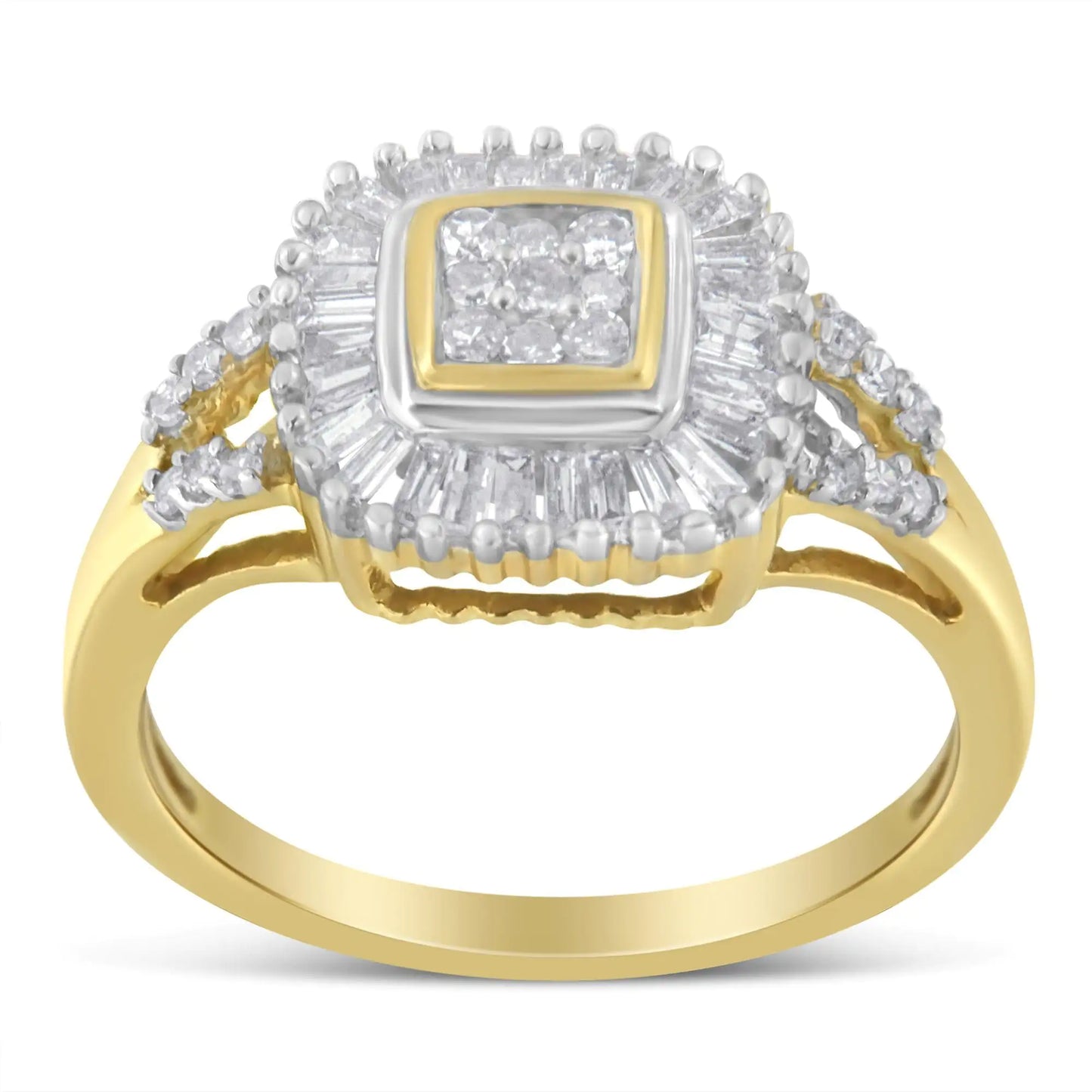 10K Yellow Gold Round and Baguette Cut Diamond Ballerina Ring (1/2 cttA stunning 10k yellow gold 1/2ct Ballerina diamond ring. Nine dazzling round diamonds are framed by baguette cut diamonds in a channel setting. Two ribbons split apa10K Yellow Gold Round10K Yellow Gold Round