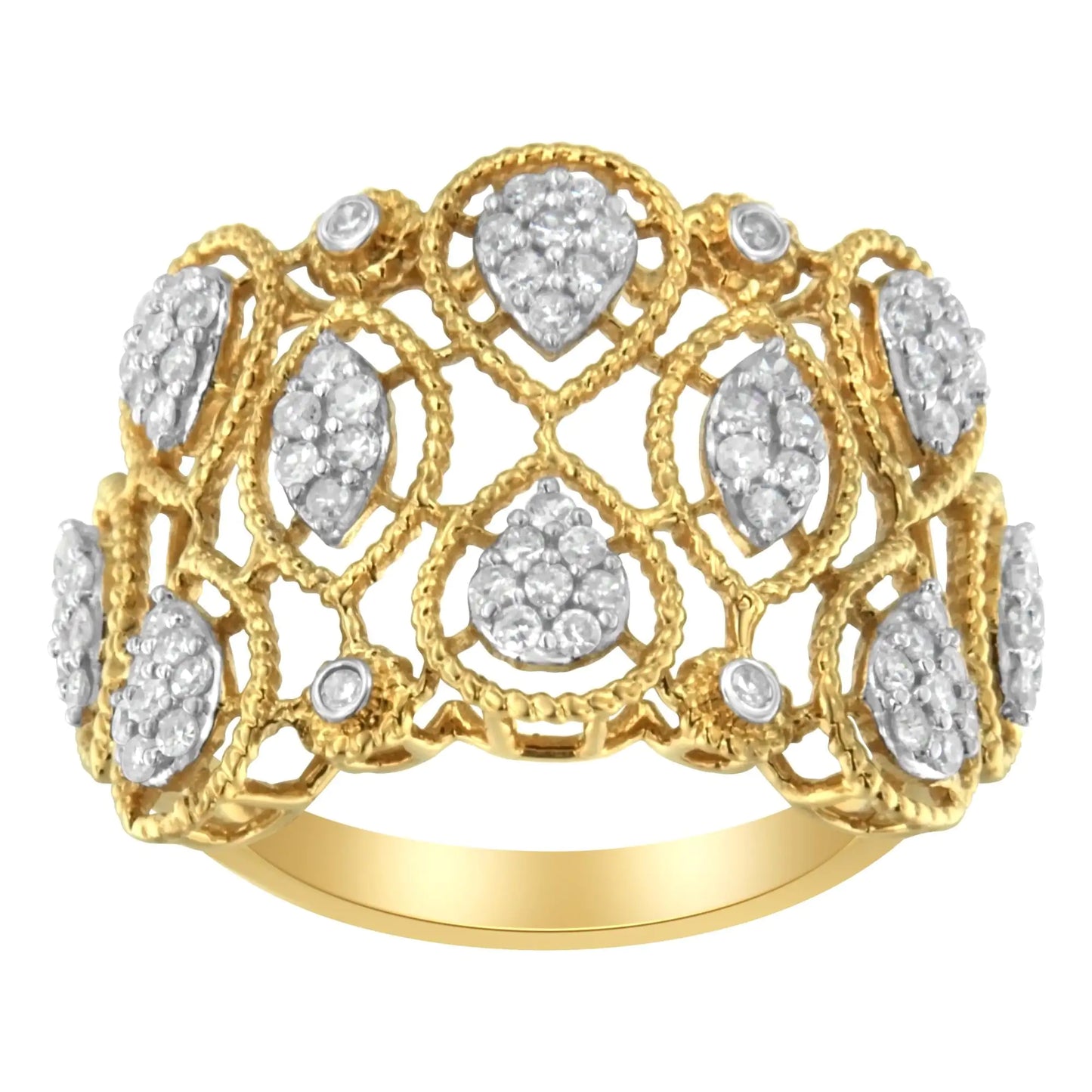 14K Yellow Gold Diamond Art Deco Ring (1/2 Cttw, H-I Color, I1 ClarityThis 14kt yellow gold band brings a mix of a art deco looks with floral elegance to your hand. Pear-inspired clusters and bezel accents are interwoven within a latti14K Yellow Gold Diamond Art Deco Ring 12 Cttw14K Yellow Gold Diamond Art Deco Ring 12 Cttw