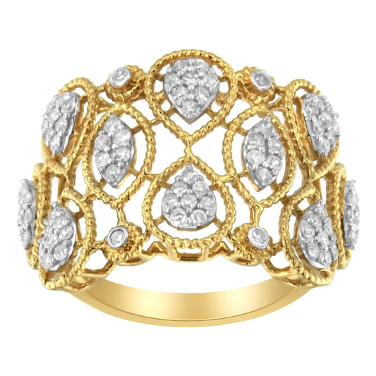 14K Yellow Gold Diamond Art Deco Ring (1/2 Cttw, H-I Color, I1 ClarityThis 14kt yellow gold band brings a mix of a art deco looks with floral elegance to your hand. Pear-inspired clusters and bezel accents are interwoven within a latti14K Yellow Gold Diamond Art Deco Ring 12 Cttw14K Yellow Gold Diamond Art Deco Ring 12 Cttw