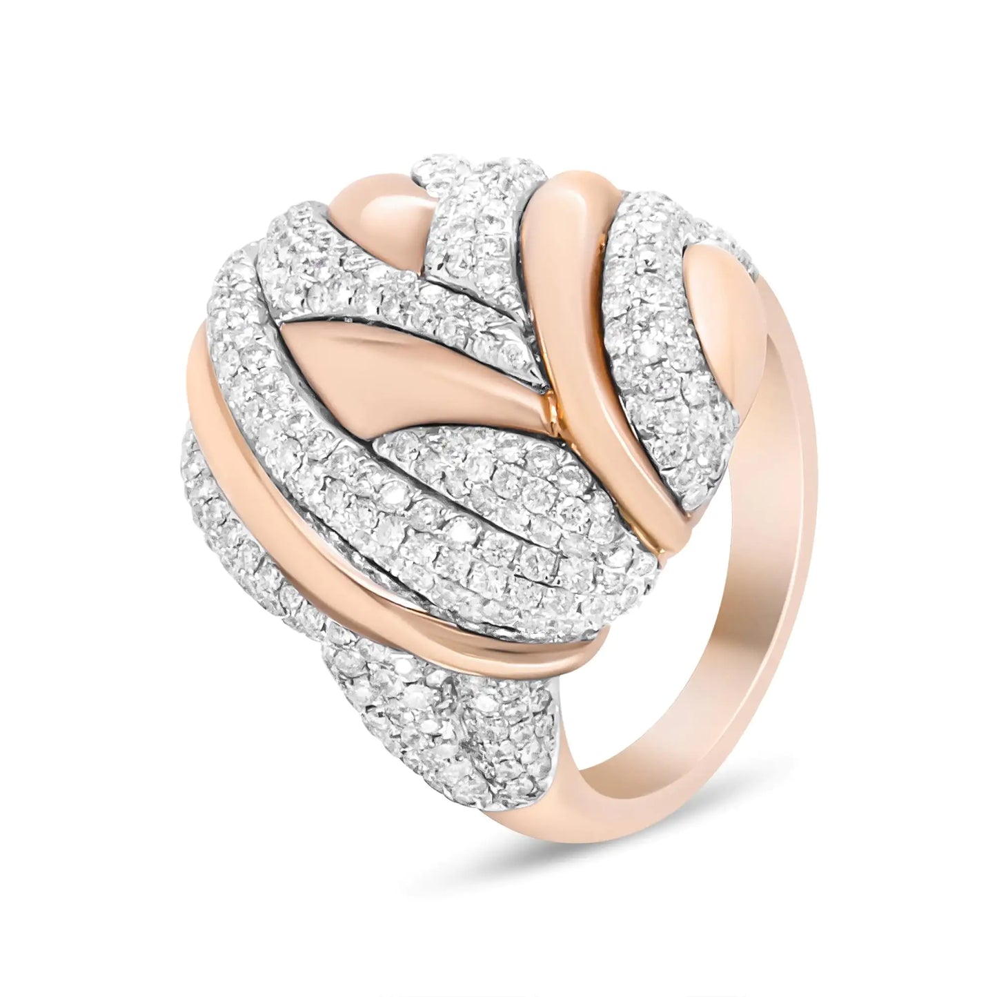 18K Rose and White Gold 1 7/8 Cttw Diamond and Gold Textured Dome CockDiscover the epitome of modern luxury with this stunning oval bypass ring. Crafted in rich 18k rose gold, the elegant design is intertwined with shimmering streaks o18K Rose18K Rose