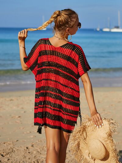 Angel Wings Tassel Openwork Striped V-Neck Cover UpFeatures: Openwork, Slit
Sheer: Semi-sheer
Stretch: Moderate stretch
Material composition: 100% polyester
Care instructions: Machine wash cold. Tumble dry low.
ImporAngel Wings Tassel Openwork StripedAngel Wings Tassel Openwork Striped