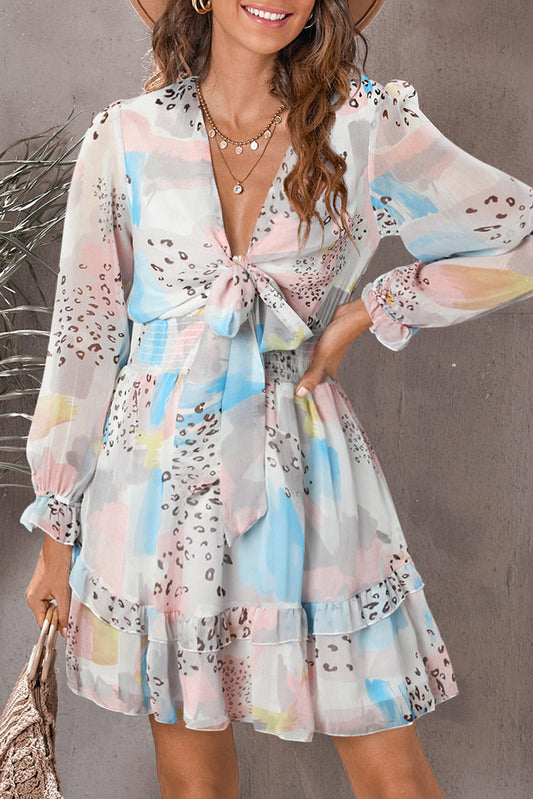 Printed Flounce Sleeve Mini DressFeatures: Tied
Sheer: Opaque
Stretch: No stretch
Body: Not lined
Material composition: 95% polyester, 5% spandex
Care instructions: Machine wash cold. Tumble dry lowPrinted Flounce Sleeve Mini DressPrinted Flounce Sleeve Mini Dress