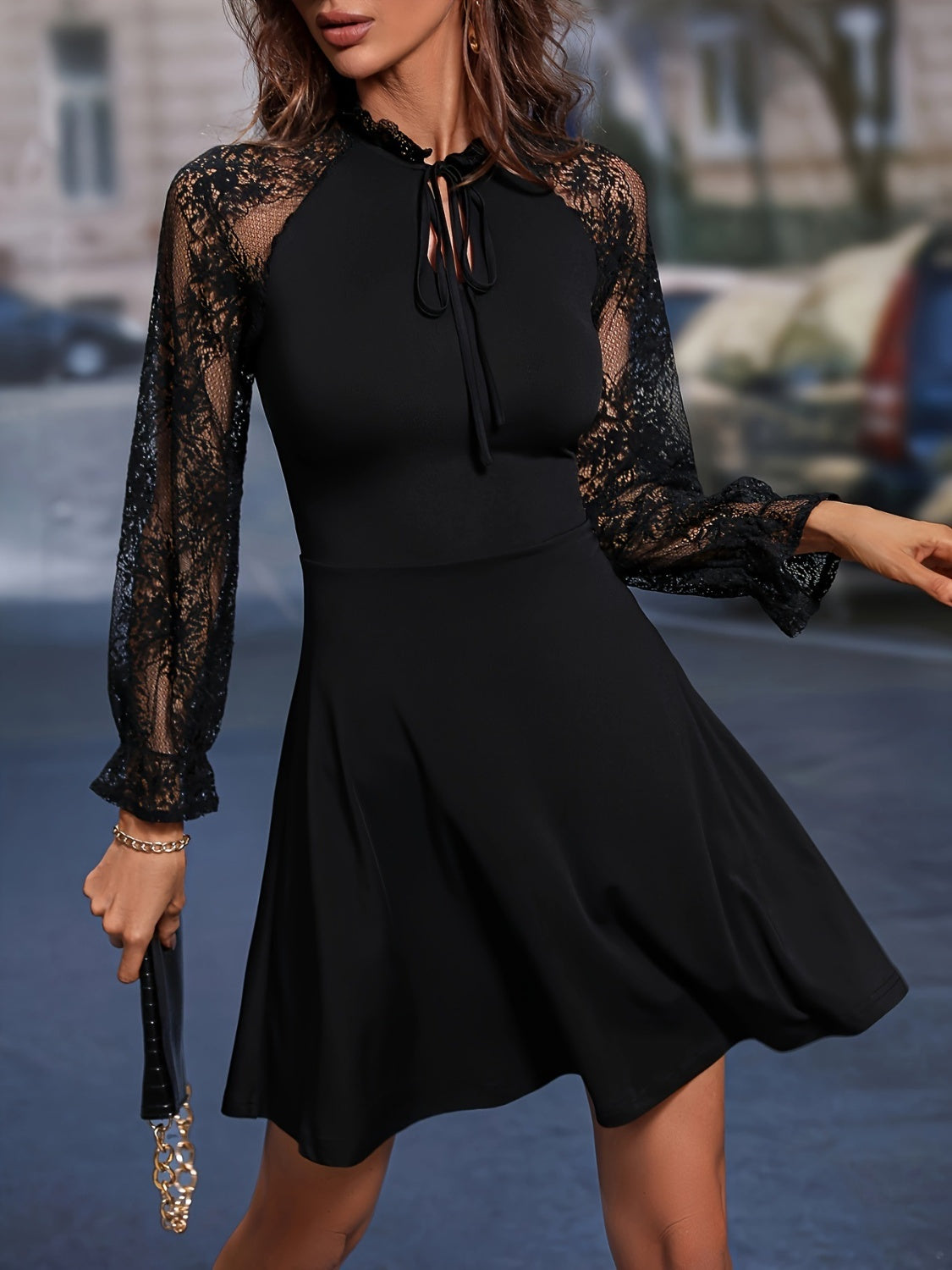 Lace Tie Neck Flounce Sleeve DressFeatures: Lace
Sheer: Semi-sheer
Stretch: No stretch
Body: Not lined
Material composition: 100% polyester
Care instructions: Machine wash cold. Tumble dry low.
ImporLace Tie Neck Flounce Sleeve DressLace Tie Neck Flounce Sleeve Dress